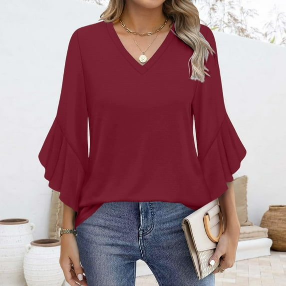 Red Womens Summer Tops Blouses for Women Casual 3/4 Length Sleeve Womens Tops V Neck Tshirts Shirts with Flared Sleeve Going Out Tops for Women