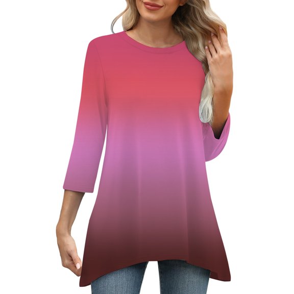 Red Womens Summer Tops Casual Loose Round Neck Mid Length Sleeve Ladies Top Asymmetrical Going Out Tops for Women