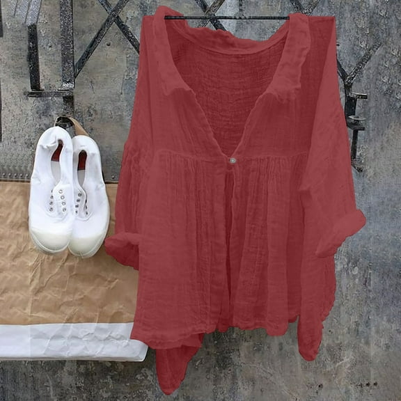 Red Womens Summer Tops Women's Casual Solid Color Cotton And Linen Lapel Single Shirt 3/4 Sleeved Shirt Shirts for Women