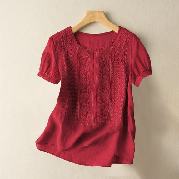 Red Womens Summer Tops Women's Fashionable Casual Solid Color Pleated Cotton And Linen Tops Shirts And T Shirts Shirts for Women