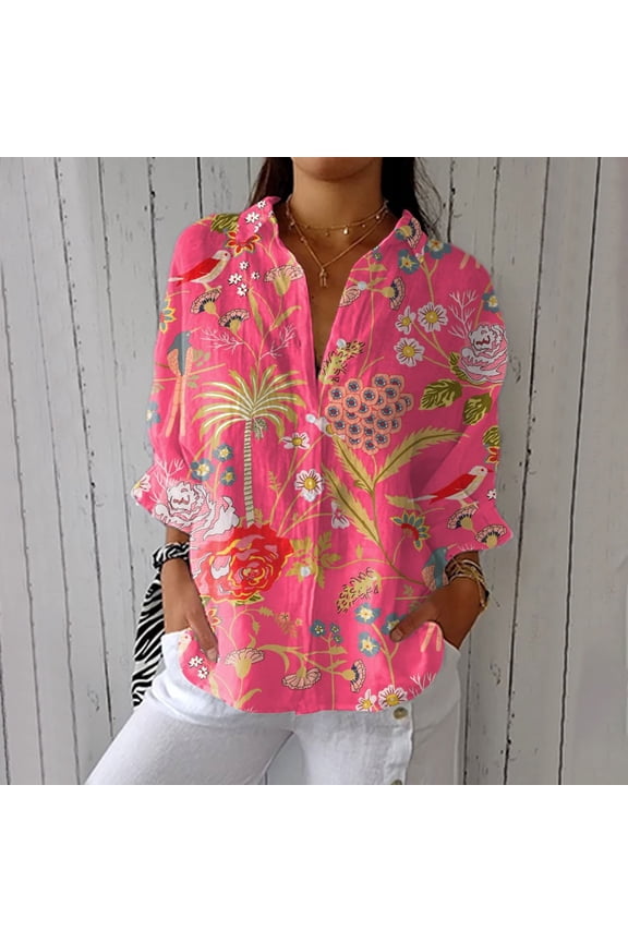 Red Womens Summer Tops Women's Retro Art Floral Print Shirt Art Print Casual V Neck Shirt Going Out Tops for Women