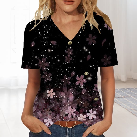 Red Womens Summer Tops Womens Tops Casual Short Sleeve V Neck Shirts Puff Sleeve Tshirts Loose Casual Blouse Summer Tee Going Out Tops for Women