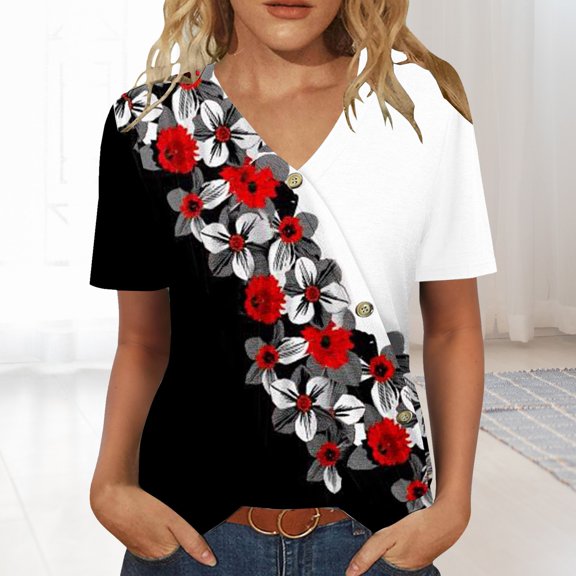 Red Womens Summer Tops Womens Tops Casual Short Sleeve V Neck Shirts Puff Sleeve Tshirts Loose Casual Blouse Summer Tee Going Out Tops for Women