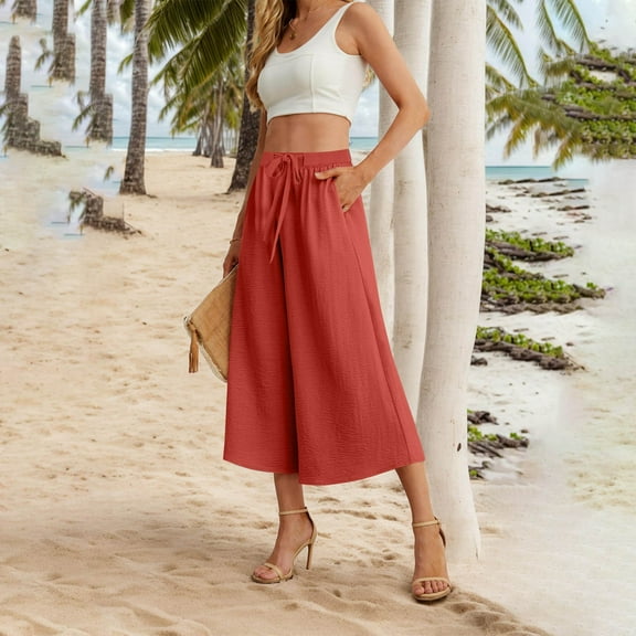 Red Womens Sweatpants Flowy Linen Pants Women Wide Leg Tie Knot Pants Loose Beach Pants High Waisted Trousers with Pockets Casual Pants Women