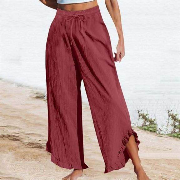 Red Womens Sweatpants Linen Pants Women 2025 Women's Linen Summer Solid Color Palazzo Pants Flowy Wide Leg Beach Pants with Pockets Casual Pants Women