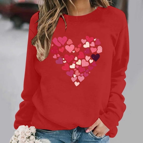 Red Womens Sweatshirt Valentine's Day Sweater Ladies Cute Love Print T Shirt Loose Fit Long Sleeve Crew Neck Pullover Sweatshirt Top Womens Fashion Clothing