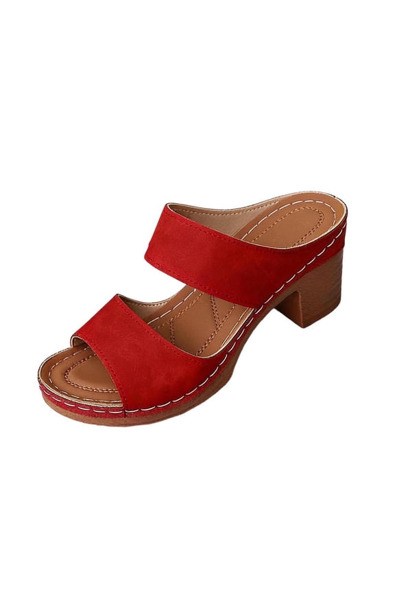 Red Womens Thick Sole Hollow One Strap Chunky Heel Slippers Summer