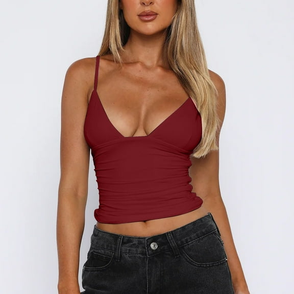 Red Womens Tops 2025 Spring and Summer New Fashion Women's Tops Solid Color Pumping Pleated Backless Tank Tops Going Out Tops for Women