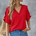 thumbnail image 1 of Red Womens Tops 2025 Summer Simple Solid Color Short Sleeved Ruffled V Neck Blouse Blouse Shirts for Women, 1 of 6