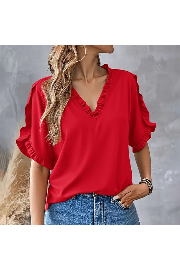 Red Womens Tops 2025 Summer Simple Solid Color Short Sleeved Ruffled V Neck Blouse Blouse Shirts for Women