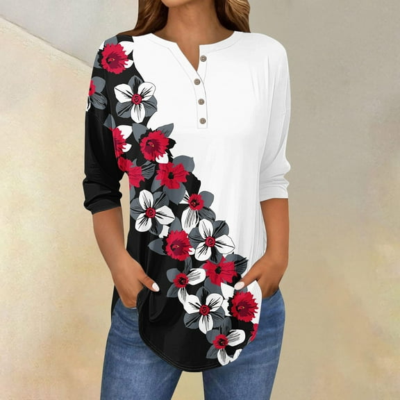 Red Womens Tops 3/4 Length Sleeve Womens Tops 2025 Spring Neck Casual Print Tunic T Shirts Three Quarter Length Womens Tops Shirts for Women