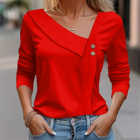 Red Womens Tops Asymmetrical Neck Tops for Women Long Sleeve Button Collared V Neck Blouses 2025 Fashion Work Casual Dressy Shirts Shirts for Women