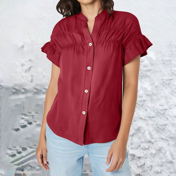 Red Womens Tops Casual Short Sleeved Pleated Shirt Solid Color Cotton and Linen Stand Up Collar Shirt for Women Shirts for Women