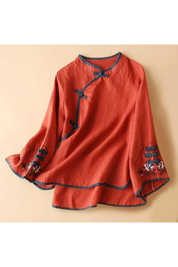 Red Womens Tops Chinese Traditional Suit Blouse Women Embroidery Cotton Linen Bell Long Sleeve Shirts Frog Button Tops Cheongsam Going Out Tops for Women
