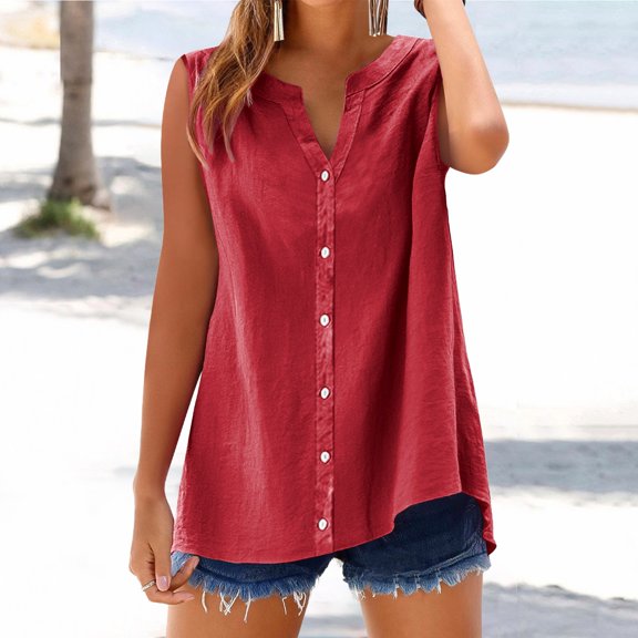 Red Womens Tops Cotton Linen Shirts for Sleeveless Collared Tops Oversized Up Blouses Work Shirts Casual Summer Tshirt Shirts for Women