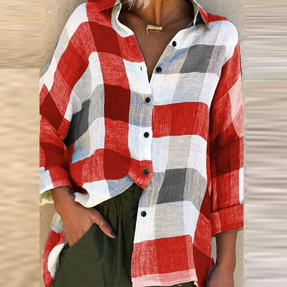 Red Womens Tops Dressy Casual, Long Sleeve Womens Work Blouses, Work Polyester Tank Tops for Women, Women Fashion Loose Check Print Blouse With s Tops