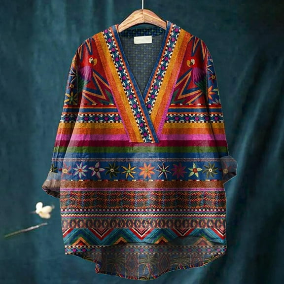Red Womens Tops Ethnical Symmetrical Pattern Printed Women's Casual Cotton and Linen V Neck Shirt Normaler Preis Going Out Tops for Women