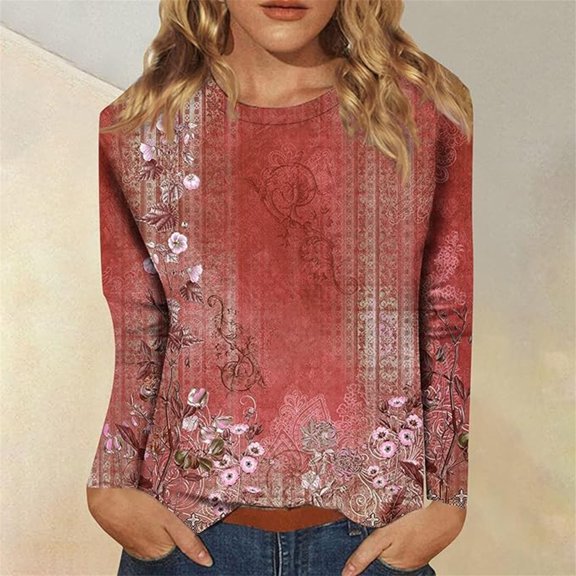Red Womens Tops Long Sleeve Shirts for Womens T Shirts Long Sleeve Crew Neck Shirts Basic Tee Sort Comfy Printed Tops Blouse Blouses for Women Trendy