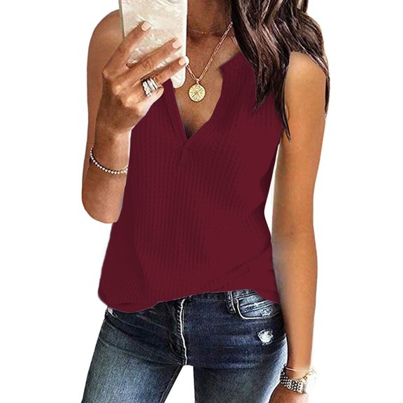 Red Womens Tops Loose Shirts Sleeveless Fitting Neck Knit V Solid Womens Fashion Tee Tops Women's Blouse Shirts for Women