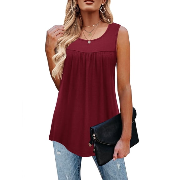 Red Womens Tops Tank Top for Summer Sleeveless Pleated Crewneck T Shirts Casual Beach Vacation Clothes Fashion Outfits Shirts for Women