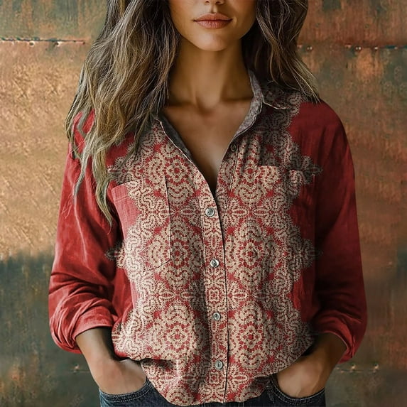 Red Womens Tops Women Cotton Shirt Printed Fashion Button Down Shirts Casual Tops Long Sleeve Blouse Shirts for Women
