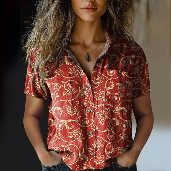 Red Womens Tops Women Cotton Shirt Printed Fashion Down Shirts Casual Tops Short Sleeve Blouse Shirts for Women