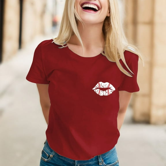 Red Womens Tops Women Daily Casual Printed Short Sleeve O Neck T Shirt Tops Shirts for Women