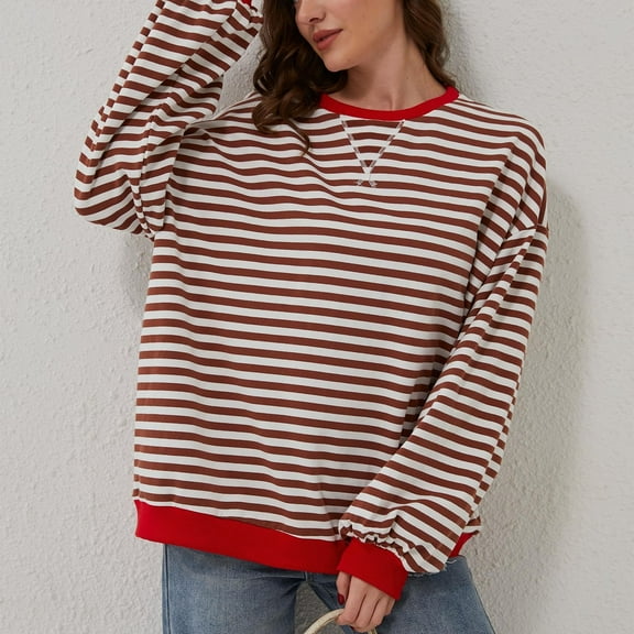 Red Womens Tops Women Oversized Striped Color Block Long Sleeve Crew Neck Sweatshirt Casual Loose Pullover Shirt Top Fall Outfits for Women 2025