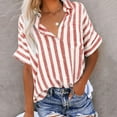 thumbnail image 1 of Red Womens Tops Women Striped Button Down Shirts Cotton Linen Blouse Tops Short Sleeve Collar Guaze Shirt Trendy Vacation Work Clothes Shirts for Women, 1 of 5