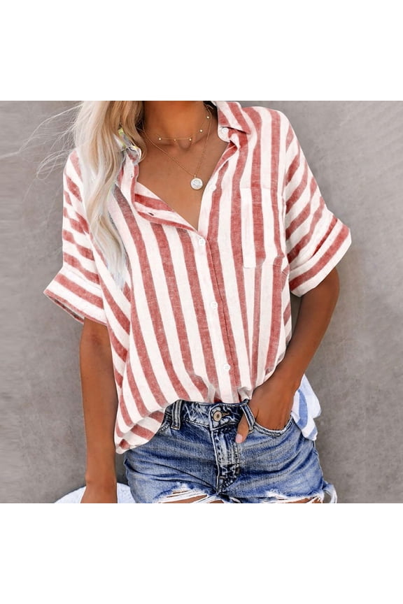 Womens Tops Women Striped Button Down Shirts Cotton Linen Blouse Tops Short Sleeve Collar Guaze Shirt Trendy Vacation Work Clothes Shirts for Women