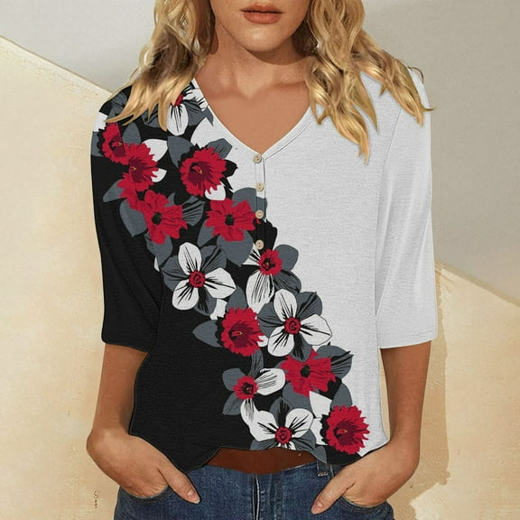 Red Womens Tops Women's Casual 3/4 Sleeve T Shirts 2025 V Neck Tunic Tops Cute Tees Blouses Loose Fit Business Work Tee Top Shirts for Women