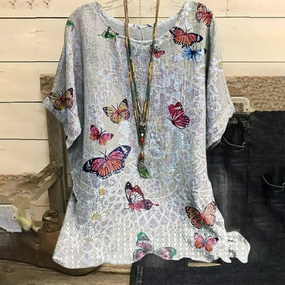 Red Womens Tops Women's Casual Loose Leaf Butterfly Print Round Neck Top Shirts for Women