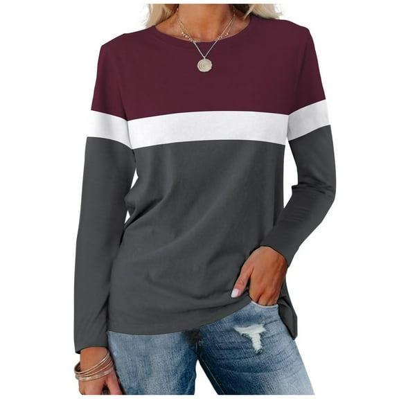 Red Womens Tops Women's Color Block Tunic Tops Casual Long Sleeve Shirts Round Neck Pullover Shirts for Women
