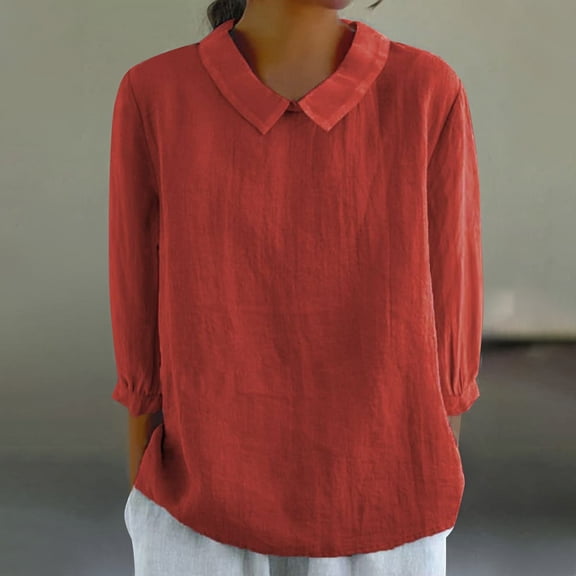 Red Womens Tops Women's Cotton Linen Button Short Sleeve Shirts Summer Loose Crew Neck Casual Boho Top Vintage Embroidered Blouse Tops Shirts for Women