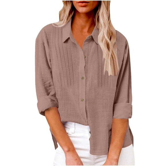 Red Womens Tops Women's Cotton Linen Shirts Trendy Long Sleeve Button Down Lapel Blouses 2025 Solid Color Elegant Pleated Tunic Tops Shirts for Women