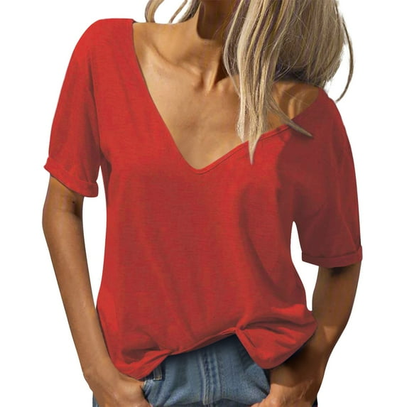 Red Womens Tops Women's Fashion Deep V Neck Short Sleeve Top Solid Color Casual Loose Basic T Shirt Workout Tops for Women