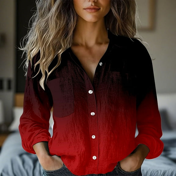 Red Womens Tops Women's Long Sleeved Printed Button Down Shirt Shirts for Women