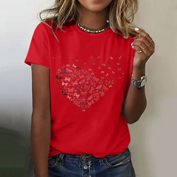 Red Womens Tops Women's Love Butterfly Printed Shirt Short Sleeve Round Neck T Shirt Fashion Top Lightweight Soft Casual Summer Clothing Clothes Shirts for Women