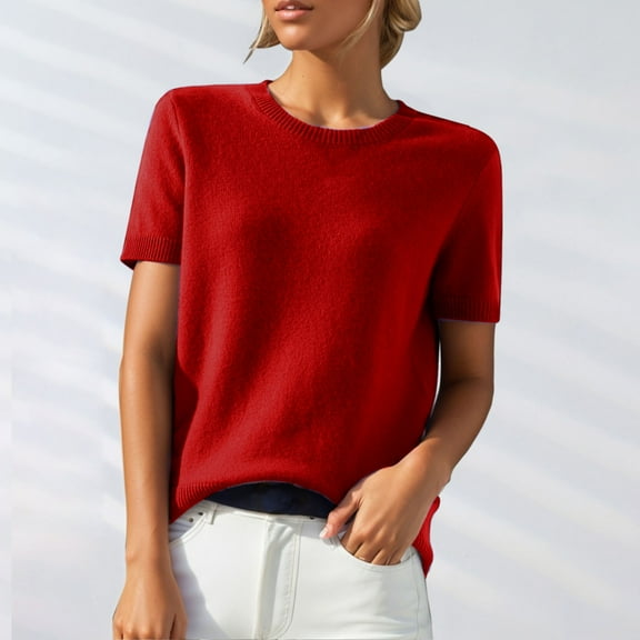 Red Womens Tops Women's Round Neck Short Sleeved Loose T Shirt with A Knit Bottom Short Top Going Out Tops for Women