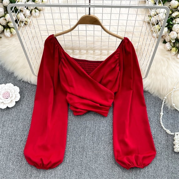 Red Womens Tops Women's Spring Solid Color V Neck Pleated Bubble Long Sleeved Pullover Shirt Short Style Exposed Belly Top Shirts for Women