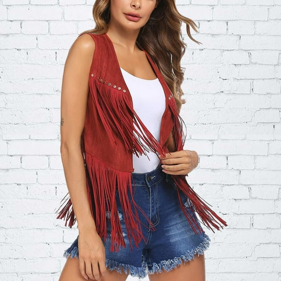 Red Womens Tops Women's Summer Suede Tassel Buttonless Mid Length Vest Cardigan Top Shirts for Women