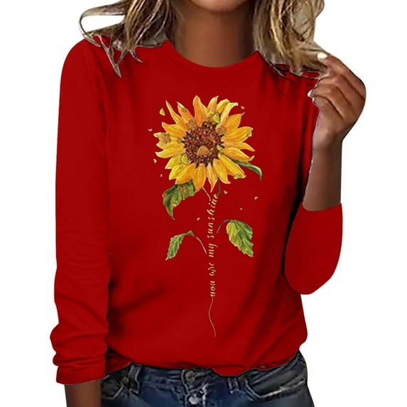 Red Womens Tops Women's Sunflower Graphic T Shirt Long Sleeve Crewneck Pullover Tops Cute Casual Cotton Tee Tops Loose Blouses Shirts for Women