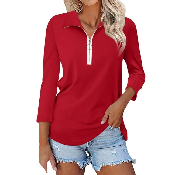 Red Womens Tops Women's V Neck 3/4 Sleeve Tops Quarter Zip Collared Shirts Shirts Summer Tees Shirts for Women