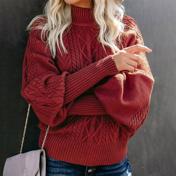 Red Womens Tops Women's Winter New Mid Neck Loose Long Sleeve Knitted Solid Color Sweater Fall Outfits for Women 2025