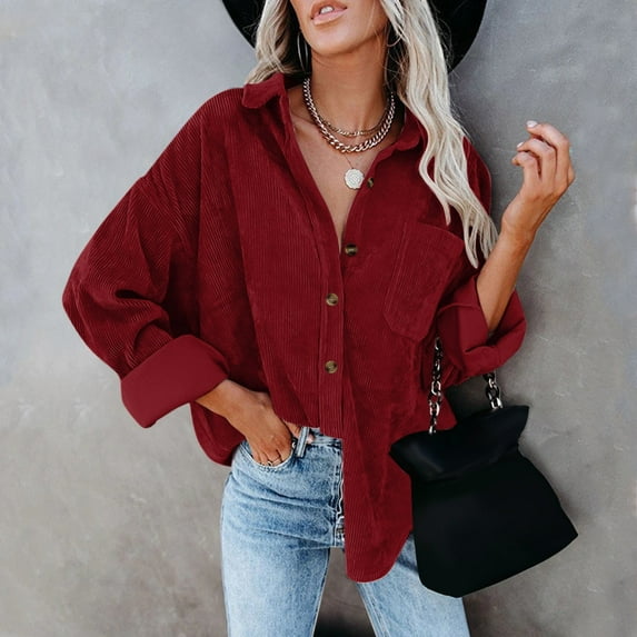 Red Womens Tops Womens Corduroy Button Down Shirt Oversized Blouses Tops Long Sleeve Casual Warm Jacket with Pockets Going Out Tops for Women