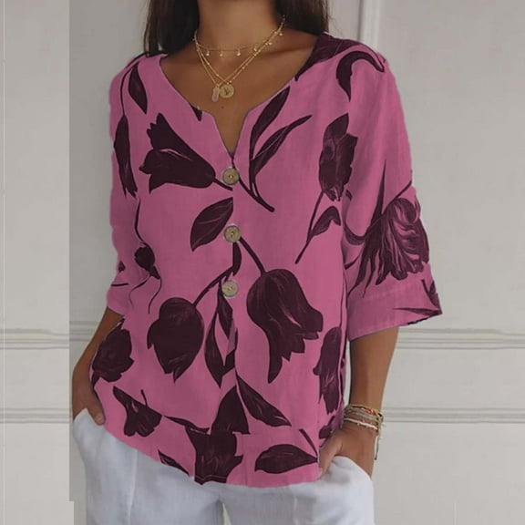 Red Womens Tops Womens Cotton Linen Tshirt Tops Summer Casual Loose Fit Blouse Tunic Floral Print Button V Neck Short Sleeve Tops Shirts for Women