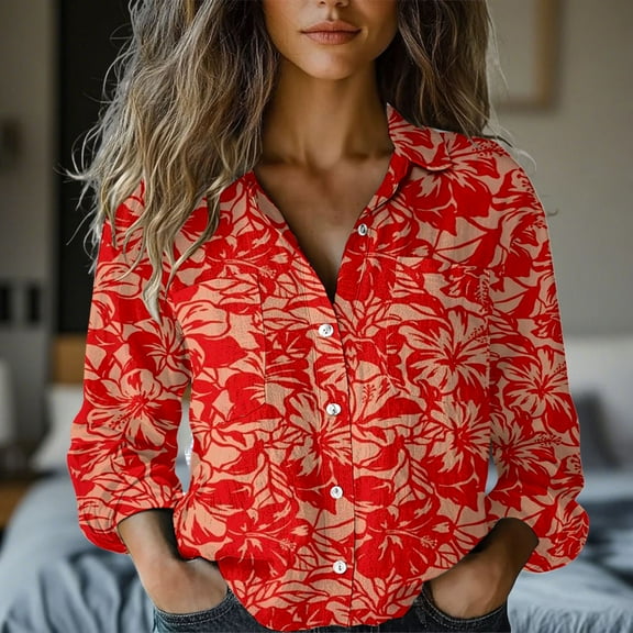 Red Womens Tops Womens Linen Button Down Shirts Floral Printed V Neck Long Sleeve Blouse Collared Boho Shirt Casual Tops with Pocket