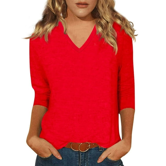 Red Womens Tops Womens Tops 3/4 Sleeve Summer Solid Plain Travel Cute Tops V Neck Slim Fit Half Sleeve Tshirts Shirts Spring Blouse Shirts for Women