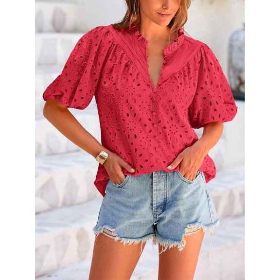 Red Womens V-Neck Puff Sleeve Eyelet Blouse Boho Casual Top