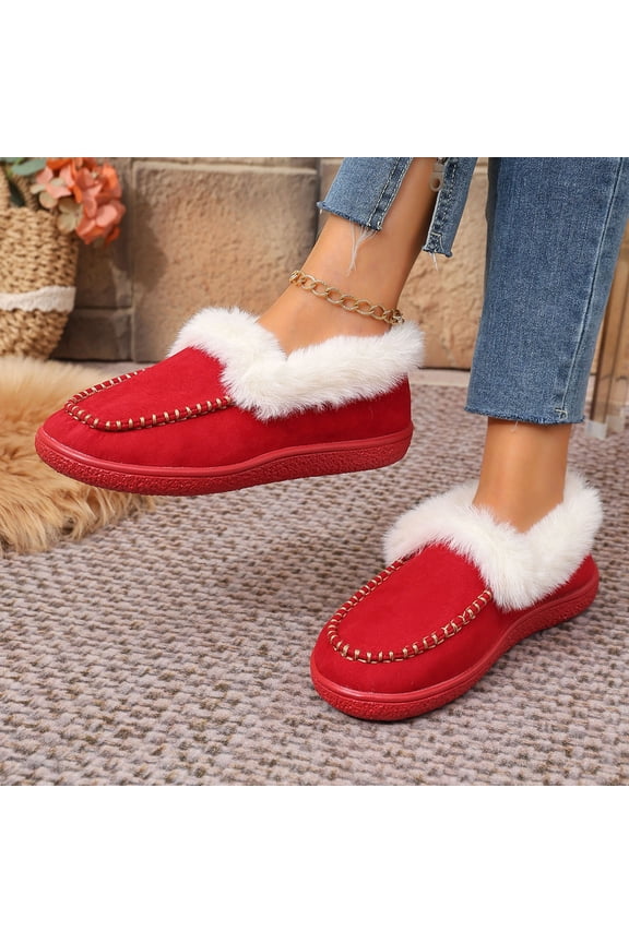 Red Womens Winter Cotton Shoes Moccasin Style Solid Color Round Toe Fleece Lined Slip On Frayed Collar Warm Soft Lightweight Casual Footwear Size 43